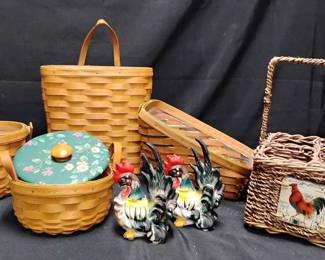 CT148Longaberger Baskets, FERN Rooster Figurines, Woven Utensil Basket
