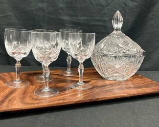 CT131VFostoria 1992 crystal candy bowl and wine glasses