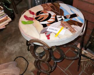 Very cool Horse-shoe table! With Cement/stone and stained-glass mosaic style scene.