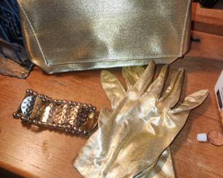 Gold clutch with matching gloves and a bracelet sold separately Clutch & Gloves $15. Bracelet $10.00