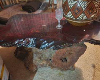 Thick cut wood slab on Driftwood base -a must see - very striking in person. Also, the lamp and the crystal are for sale. TABLE SOLD