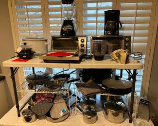 Small kitchen appliances and pots and pans