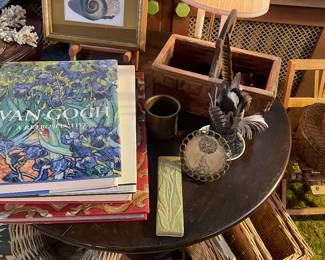 Wood pedestal side table, wood and wicker baskets and more!