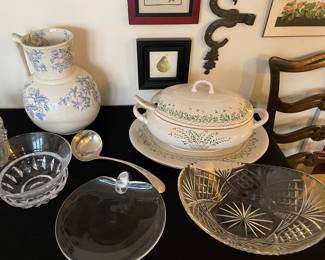 Steuben dish, Vintage pottery pitcher, soup tureen, crystal and more