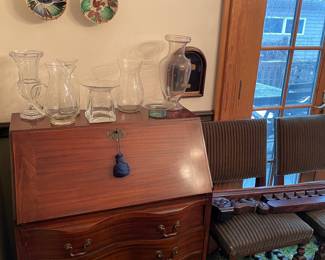 Secretary desk, hand-blown vases, vintage pottery, Antique turned-leg dining chairs (6 available)