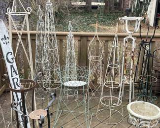 Yard art, metal sculptures, cast iron umbrella stand and signs