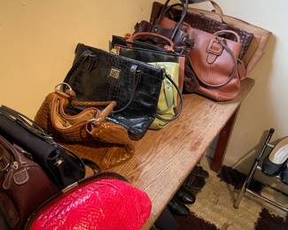Solid wood bench, and women's purses (vintage and current)