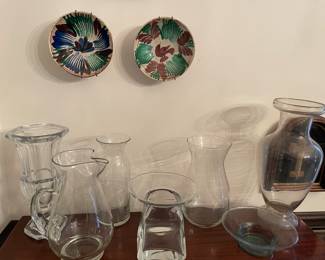 Hand-blown glass vases and pitchers, vintage pottery