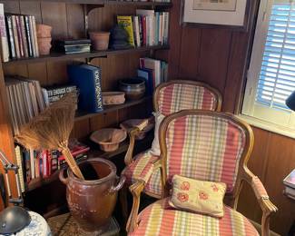 Books, pottery, blue and white side tables, Queen Ann Armchairs - matched set of 2 and more!
