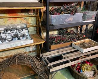 Potters bench, rattan shelving unit matches other RATTAN items (bench) and floral pics