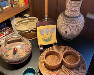 Antique pottery and hand-made baskets, enamelware and more!