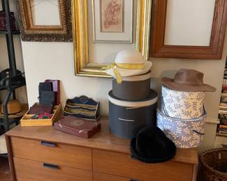 MCM dresser with 6 drawers, vintage hats, and leather accessories, wood frames and more!