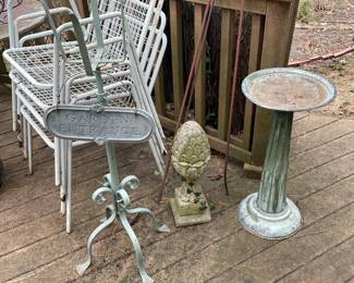 Bird Bath, cement pineapple, side chairs, and metal stand