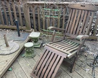 Wood Chaise lounger, umbrella stands and cement planter stands