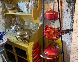 Dansk vintage enamel ware, Le Creuset pots, vintage glassware, pottery, metal racks and pantry cabinet