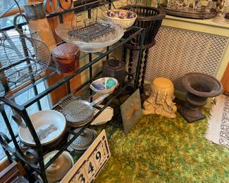 Iron planters stand, Vintage pottery, copper, and brass