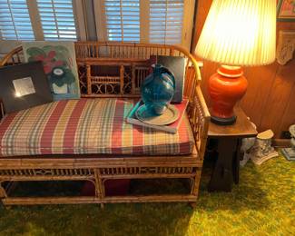 Rattan bench, hand-blown pitcher, side table, lamp and more!