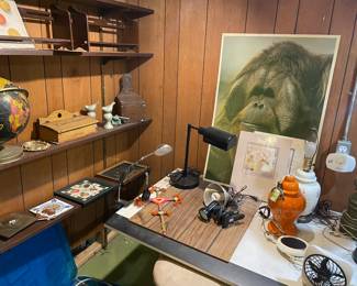 Vintage office supplies, desk and lamps