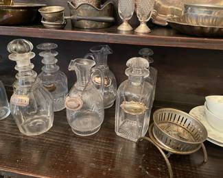 Sterling decanter tages and vintage decanters