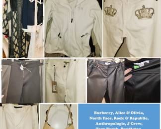 Designer woman's wardrobe. Makers include Burberry, Alice & Olivia, North Face, Rock & Republic, Anthropologie, J Crew, Tory Burch, Gucci, Pendleton, Neiman Marcus, Vince and so many more