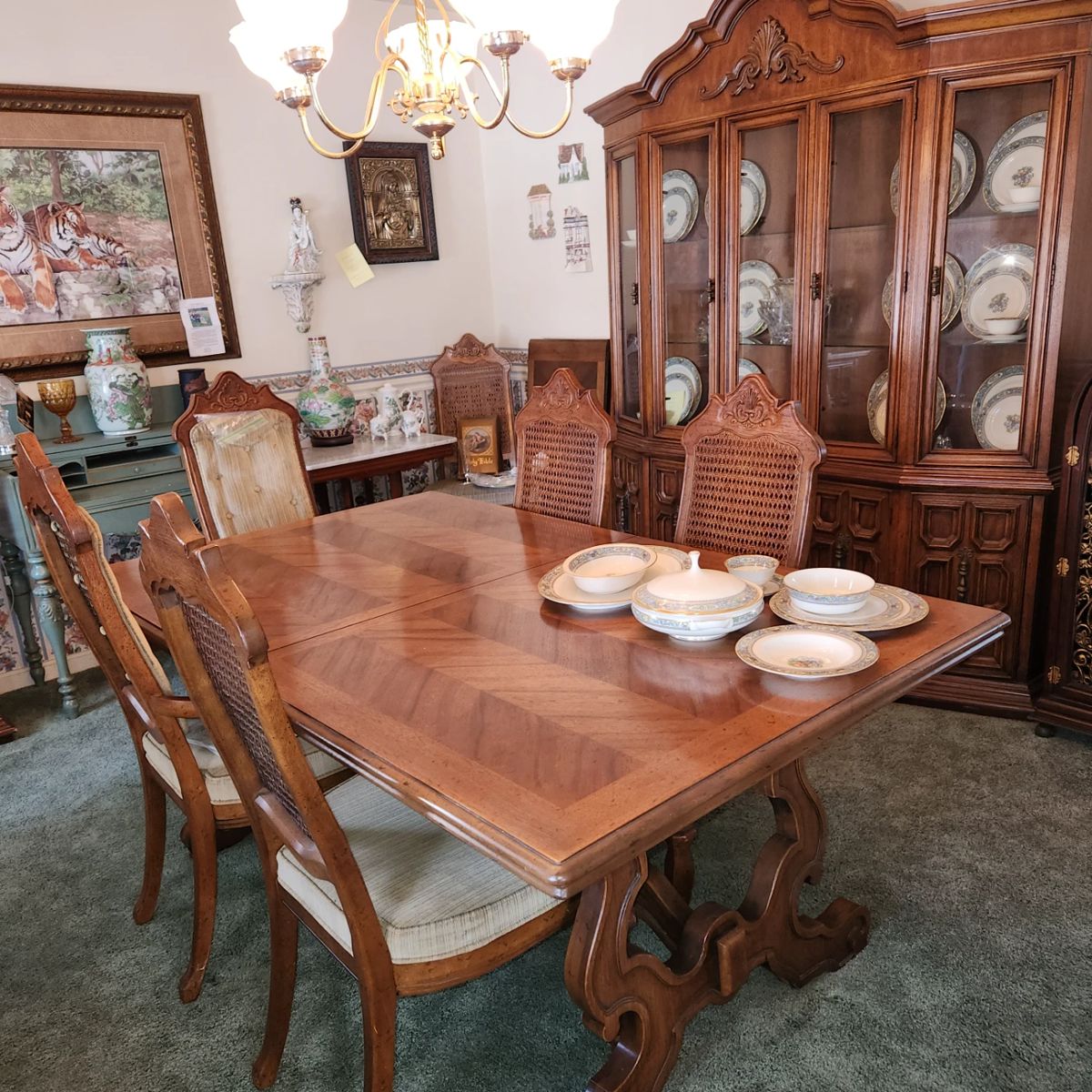 Drexel Heritage dining room set, purchased new in 1975.  Table, with 2 leaves & 6 chairs: table measures 70" x 42", comes with TWO 20" leaves ($200.00).  China cabinet measures 72" wide x 83 1/2" tall x 14" deep ($150.00).  Bar/server, with flip top, measures (top closed) 32" wide x 35 1/2" tall x 18 1/2" deep (add 32" TOTAL with top opened) $90.00
