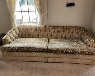 vintage sofa by Maddox.  Sun/time faded, used to be blue.  Measures 86" long x 35" deep x 26" tall (at back).  Obviously needs to be recovered.  Soft and VERY comfortable (low to ground).  $75.00