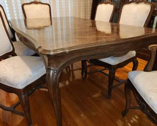 Drexel Heritage dining room set, purchased new in 1975.  Table, with 2 leaves & 6 chairs: table measures 70" x 42", comes with TWO 20" leaves ($200.00).  China cabinet measures 72" wide x 83 1/2" tall x 14" deep ($150.00).  Bar/server, with flip top, measures (top closed) 32" wide x 35 1/2" tall x 18 1/2" deep (add 32" TOTAL with top opened) $90.00