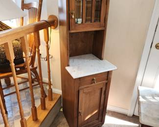 antique "Hoosier" cabinet, measures 53" tall x 16 1/2" wide x 15" deep (at marble front): $75.00