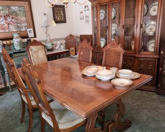 Drexel Heritage dining room set, purchased new in 1975.  Table, with 2 leaves & 6 chairs: table measures 70" x 42", comes with TWO 20" leaves ($200.00).  China cabinet measures 72" wide x 83 1/2" tall x 14" deep ($150.00).  Bar/server, with flip top, measures (top closed) 32" wide x 35 1/2" tall x 18 1/2" deep (add 32" TOTAL with top opened) $90.00