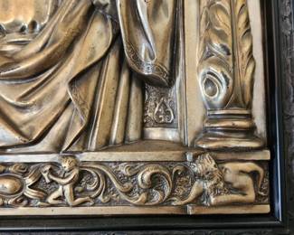 antique 3D metal relief Virgin Mary wall art by M. Patentado. Measures 16" x 18 3/4".  Purchased in Spain in 1952, reframed in 1991.  $300.00