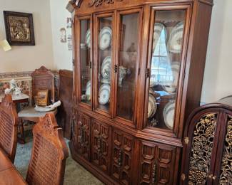 Drexel Heritage dining room set, purchased new in 1975.  Table, with 2 leaves & 6 chairs: table measures 70" x 42", comes with TWO 20" leaves ($200.00).  China cabinet measures 72" wide x 83 1/2" tall x 14" deep ($150.00).  Bar/server, with flip top, measures (top closed) 32" wide x 35 1/2" tall x 18 1/2" deep (add 32" TOTAL with top opened) $90.00