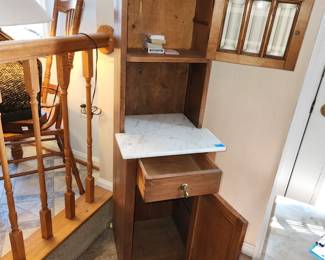 antique "Hoosier" cabinet, measures 53" tall x 16 1/2" wide x 15" deep (at marble front): $75.00