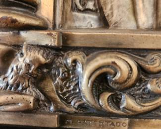 antique 3D metal relief Virgin Mary wall art by M. Patentado. Measures 16" x 18 3/4".  Purchased in Spain in 1952, reframed in 1991.  $300.00