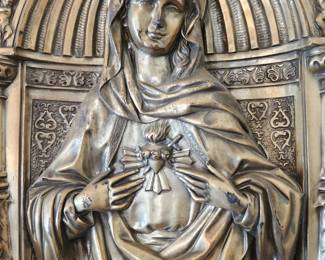 antique 3D metal relief Virgin Mary wall art by M. Patentado. Measures 16" x 18 3/4".  Purchased in Spain in 1952, reframed in 1991.  $300.00