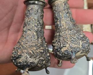 Stieff rose Repousse salt and pepper shakers. (NO GLASS INSERTS SOLID!)