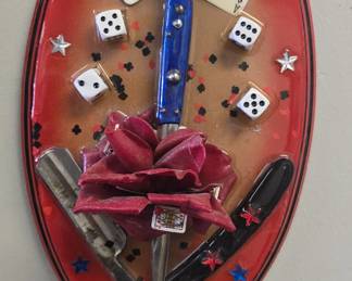 real straight razor and switchblade in epoxy plaque 