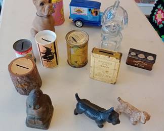 Large vintage bank collection cast iron tin glass and more 