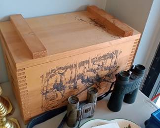 vintage ammo box and binoculars etc 