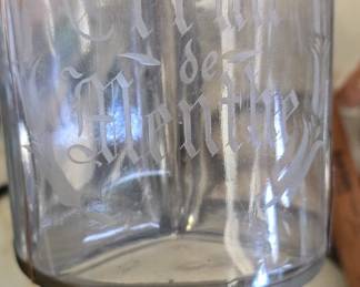 antique 3 part decanter with etched labels 