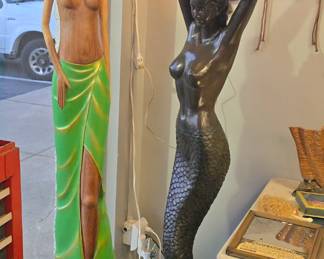 Awesome pair, mermaid floor lamp and solid wood carved topless lady. 