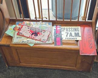 bench with storage and alot of cool signs 