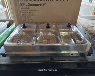 Elite Gourmet 7.5 Quart Triple Buffet Server Food Warmer Temperature Control Clear Slotted Lids - Retail: $75.99