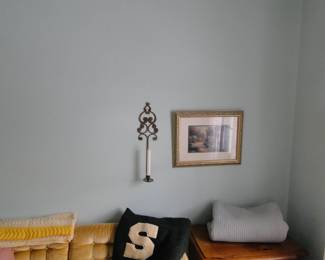 Vintage Michigan State blanket, cool candle wall holder and some artwork too