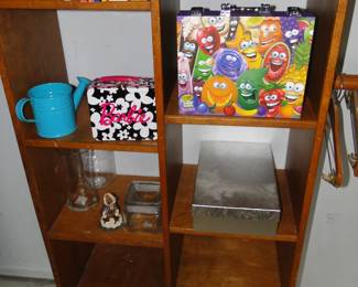 Crayola crayon suitcase, Barbie watch suitcase, a metal watering can, some glass vases, and a very nice box of high end Christmas cards