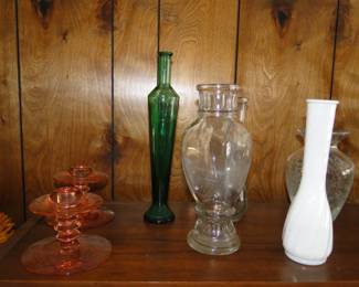 The ones on the right are not vases, those are candlestick holders, possibly Depression Glass