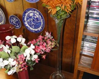 Tall clear vase, with faux flowers
