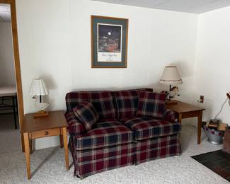 Two plaid sofas/loveseats with two end stands