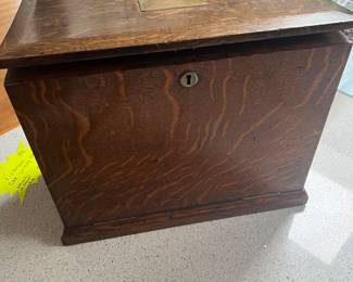 This is unique
1892 lap top desk in oak with original ledgers pen and ink wells