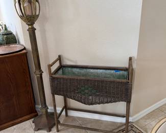 ANTIQUE WICKER PLANTER, BRASS SANCTUARY LAMP