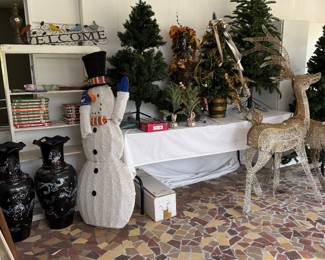 GILT REINDEERS, EVERGREEN TREES, SNOWMAN